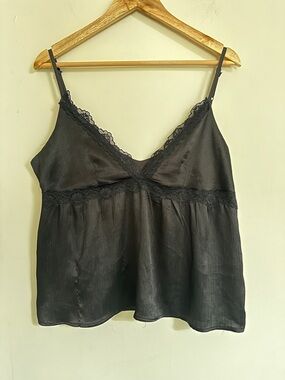 Black Lace Trim Satin Cami Tank